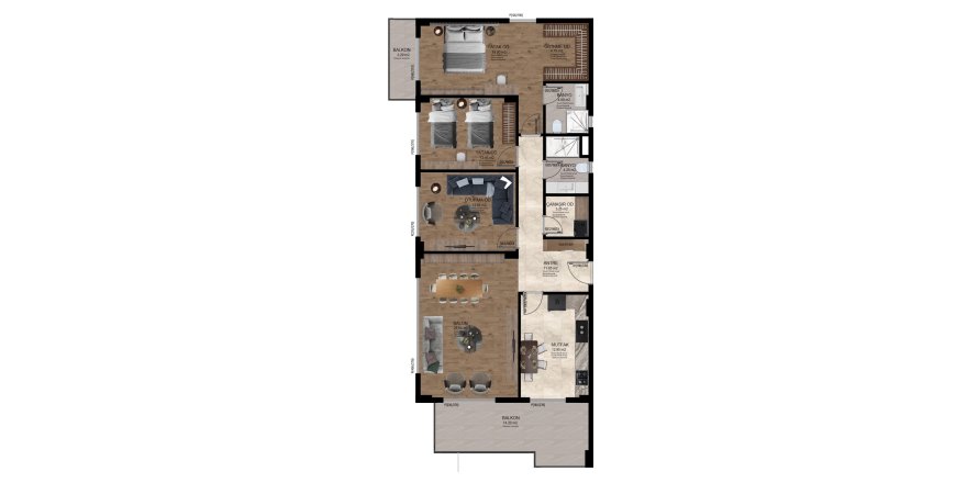 Планировка «3 bedrooms - 1 и 2 этаж» 3+2 в корпусе «Блок В основной», ЖК SES MANSION
