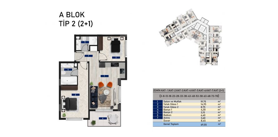2+1 Lägenhet i Mostar Residence, Avsallar, Antalya, Turkiet Nr. 84126
