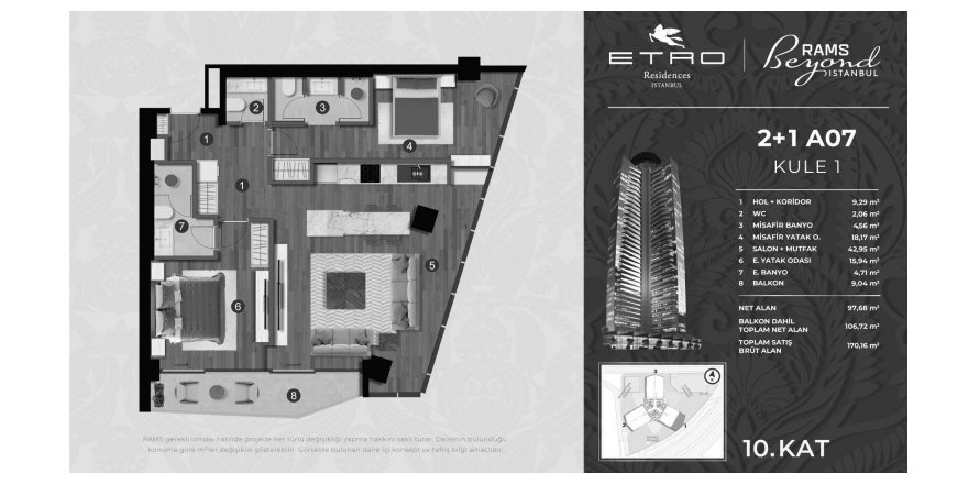 Квартира в Etro Residences 2+1, Сарыер, Стамбул, Турция №190110